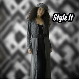 Y2K Womens LG Dress Duster Maxi Button Front LG Sleeve Grey Black Leopard Print